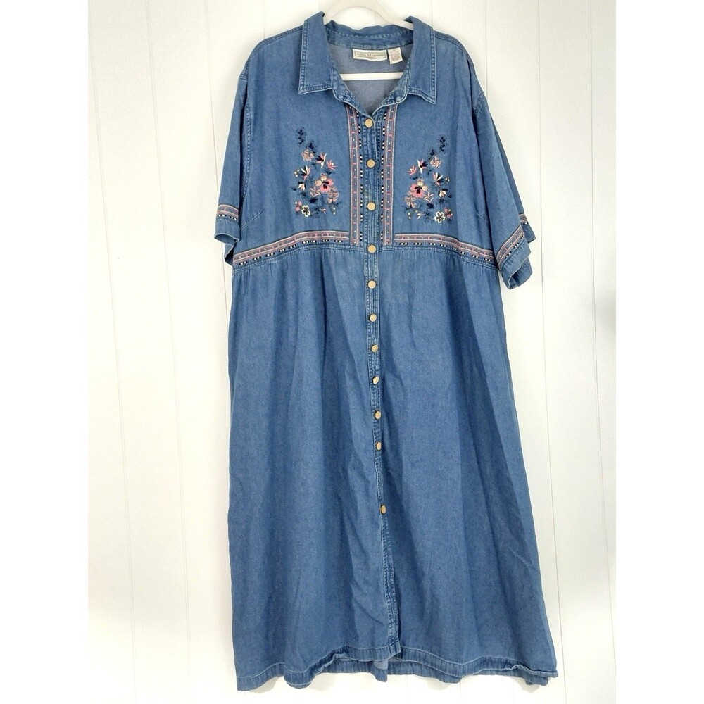 Vtg Anna Maxwell Blue Jean Floral Embroidered Maxi Dress Modest Cottagecore 5X